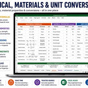 May include: A digital spreadsheet displayed on a laptop screen titled Electrical, Materials & Unit Conversions. The interface features tables for electrical formulas, material properties, and unit conversions, alongside a section for physical constants.