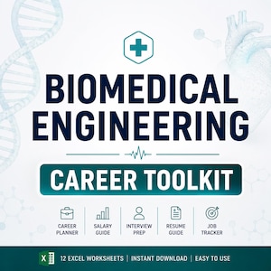 May include: A digital graphic for a Biomedical Engineering Career Toolkit featuring a medical cross icon, DNA strand, and heart illustration. It includes text labels for a career planner, salary guide, interview prep, resume guide, and job tracker.