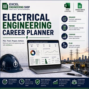 May include: An Electrical Engineering Career Planner digital tool featuring a laptop displaying a dashboard with charts, graphs, and career metrics. Includes a dark blue hard hat with a lightning bolt icon, a circuit board, and a silver pen on a blueprint.