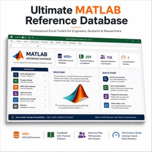 May include: A digital interface for the Ultimate MATLAB Reference Database, a professional Excel toolkit. The screen displays navigation menus, a welcome message, and statistics including 605+ functions, 259 problems, 158 interview questions, and 7 sections.