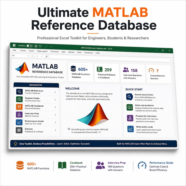 May include: A digital interface for the Ultimate MATLAB Reference Database, a professional Excel toolkit. The screen displays navigation menus, a welcome message, and statistics including 605+ functions, 259 problems, 158 interview questions, and 7 sections.