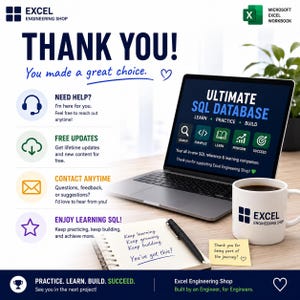 May include: A digital product flyer for Excel Engineering Shop featuring a laptop displaying an Ultimate SQL Database workbook. The graphic includes text, icons for support, updates, and contact, alongside a white mug and a notepad with a pen.
