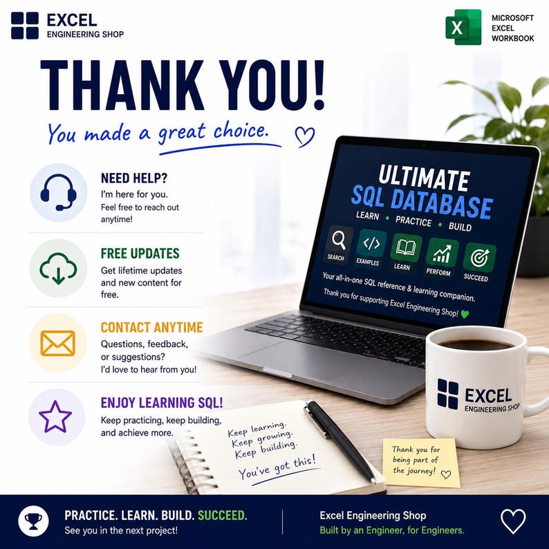 May include: A digital product flyer for Excel Engineering Shop featuring a laptop displaying an Ultimate SQL Database workbook. The graphic includes text, icons for support, updates, and contact, alongside a white mug and a notepad with a pen.