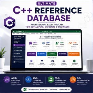 Op de afbeelding: Een laptopscherm met de Ultimate C++ Reference Database, een professionele Excel-toolkit. Het dashboard bevat secties voor 605+ functies, 259+ problemen, 159+ interviewvragen en 50+ technieken, met een donkerblauwe en witte interface.