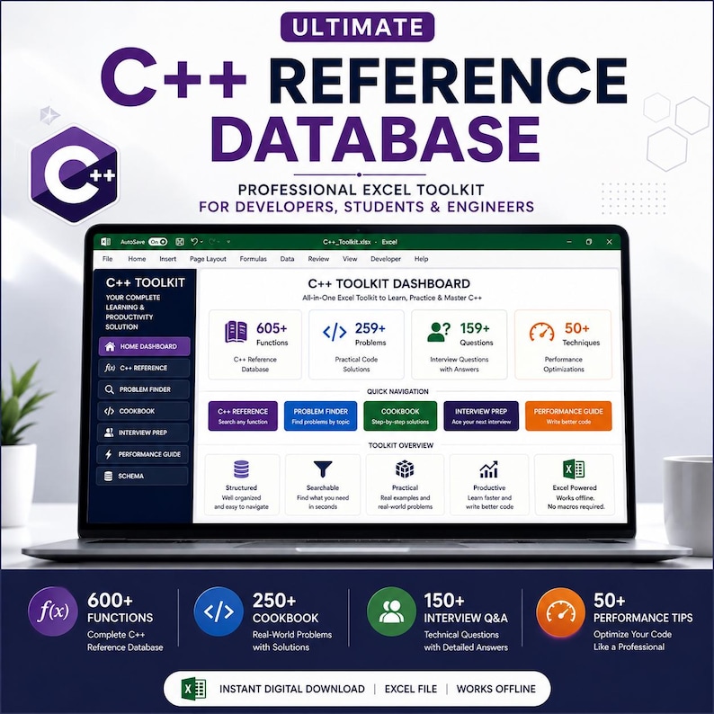 May include: A laptop screen displaying the Ultimate C++ Reference Database, a professional Excel toolkit. The dashboard features sections for 605+ functions, 259+ problems, 159+ interview questions, and 50+ techniques, with a dark blue and white interface.