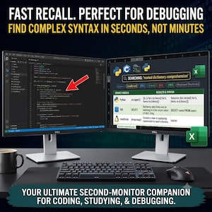Dual-monitor desk setup mock-up showing a code editor on the left screen and the filterable Excel programming reference dashboard on the right screen. Text reads: Your ultimate second-monitor companion for coding, studying, and debugging.
