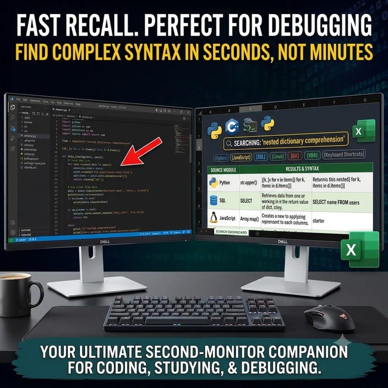 Dual-monitor desk setup mock-up showing a code editor on the left screen and the filterable Excel programming reference dashboard on the right screen. Text reads: Your ultimate second-monitor companion for coding, studying, and debugging.
