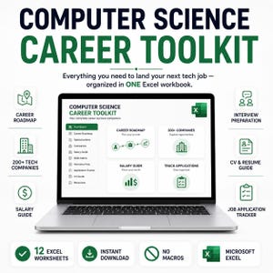 May include: A laptop screen displays the Computer Science Career Toolkit Excel workbook. The interface features a dashboard with sections for a career roadmap, salary guide, and job application tracker, surrounded by icons for career resources.