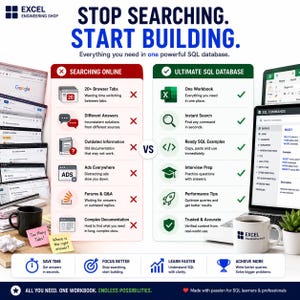 May include: An infographic titled STOP SEARCHING. START BUILDING. comparing the inefficiencies of searching online with a red X list against the benefits of an Ultimate SQL Database with a green check list, featuring Excel and SQL interface visuals.
