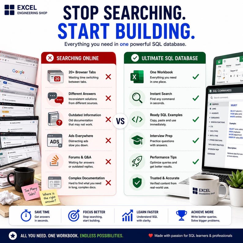 May include: An infographic titled STOP SEARCHING. START BUILDING. comparing the inefficiencies of searching online with a red X list against the benefits of an Ultimate SQL Database with a green check list, featuring Excel and SQL interface visuals.