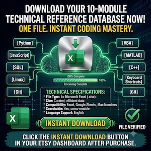 Technical specification infographic for the instant digital download. Features an Excel cloud download graphic, verified file badge, and details confirming compatibility with Microsoft Excel, Google Sheets, and Mac Numbers.