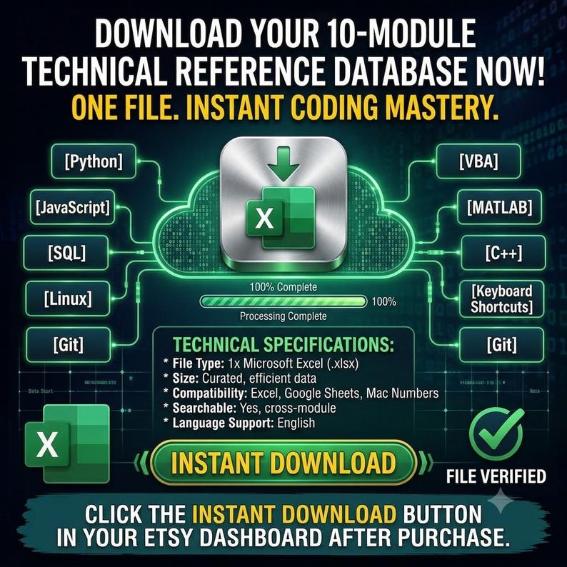 Technical specification infographic for the instant digital download. Features an Excel cloud download graphic, verified file badge, and details confirming compatibility with Microsoft Excel, Google Sheets, and Mac Numbers.
