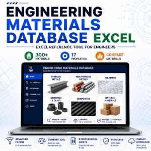 Può includere: Uno schermo di un computer portatile che mostra uno strumento Excel per un database di materiali ingegneristici. L'interfaccia presenta categorie per metalli ferrosi, non ferrosi, polimeri, ceramica, vetro, compositi e materiali naturali con icone di ricerca.