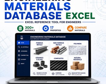 Engineering Materials Database Excel | 300+ Materials Reference Tool | Mechanical Thermal Electrical Properties