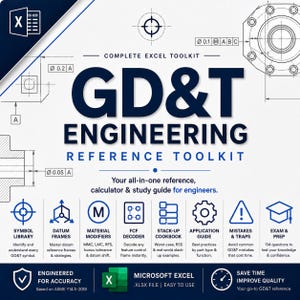 Könnte beinhalten: Ein digitales GD&T Engineering Reference Toolkit für Microsoft Excel. Die weiße Grafik enthält dunkelblauen Text, technische Konstruktionszeichnungen und Symbole für Symbolbibliotheken, Bezugsrahmen und Prüfungsvorbereitung.