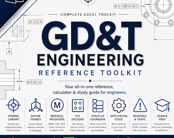 GD&T Engineering Reference Excel Toolkit | Geometric Dimensioning Tolerancing | FCF Decoder, Datum, MMC, Stack-Up