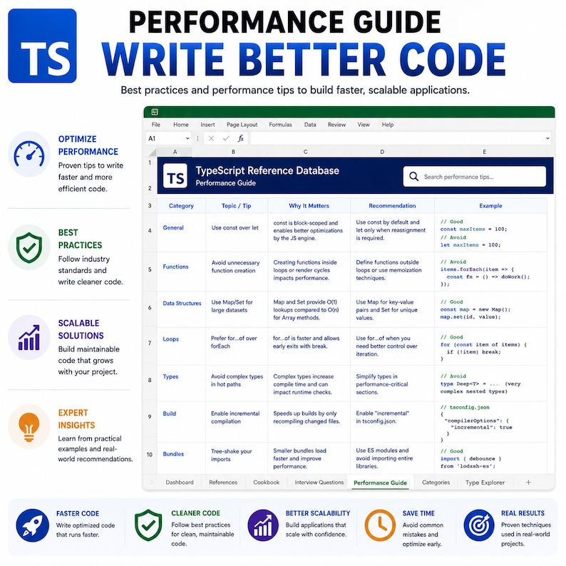 May include: A TypeScript performance guide infographic featuring a spreadsheet table titled TypeScript Reference Database. The table lists categories like General, Functions, and Data Structures with tips, explanations, and code examples. Icons for performance, best practices, and scalability are included.