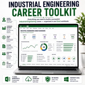 Puede incluir: Una pantalla de portátil que muestra un panel de control de Excel para carreras de ingeniería industrial con visualizaciones de datos, trayectorias profesionales y métricas de seguimiento laboral, incluyendo guías salariales y preparación de entrevistas.