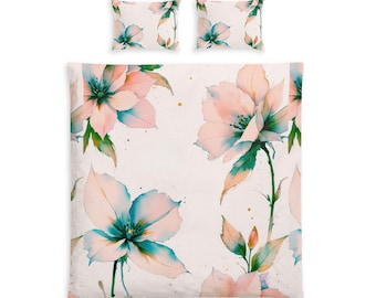 Blush Aquarell Blumen Bettbezug Baumwolle Bettset | Rosa Blauer Magnolien Druck