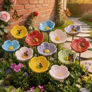 Könnte beinhalten: Eine Sammlung farbenfroher, blumenförmiger Gartenornamente aus Keramik. Jede Blume hat eine gelbe Mitte und ist in Gelb-, Blau-, Rot-, Rosa-, Lila- und Grüntönen gehalten. Einige Blumen haben Bienen oder Schmetterlinge.