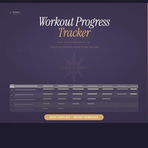 May include: A digital workout progress tracker template with a dark purple background. The text "Workout Progress Tracker" is displayed in white and gold. The template includes a chart for tracking progress, and the words "Excel Template - Instant Download".