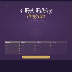 Pode incluir: Gráfico digital com fundo roxo escuro. O texto diz "4-Week Walking Program" em branco e dourado. Abaixo, diz "Printable PDF - Instant Download". Existem quatro caixas retangulares com linhas e pontos.