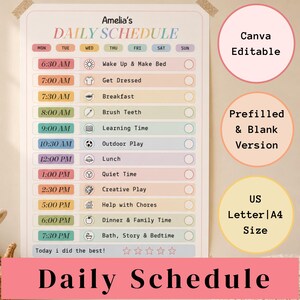 May include: A daily schedule chart titled Amelia's Daily Schedule with colorful rows for each day of the week and time slots from 6:30 AM to 7:30 PM. It includes icons for tasks like breakfast and play, plus checkboxes and a star rating section.