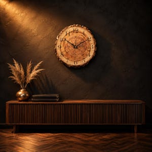 May include: A round wall clock made from a natural wood slice with visible tree rings and bark edges. The clock face features black Arabic numerals and thin black hands. It is mounted on a dark textured wall above a slatted wooden console.