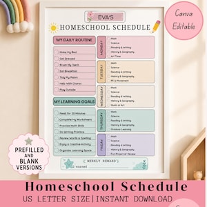 Op de afbeelding: Een ingelijst thuisonderwijsschema getiteld Eva's Homeschool Schedule met secties voor dagelijkse routines, leerdoelen en een weekschema van maandag tot vrijdag, voorzien van pastelkleuren, selectievakjes en diverse illustraties.