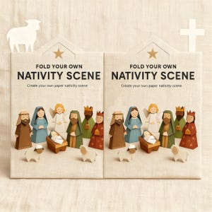 May include: Two identical paper craft kits titled FOLD YOUR OWN NATIVITY SCENE. Each kit features a printed illustration of a nativity scene with paper figures including a baby in a manger, adults in robes, and sheep, topped with a gold star.