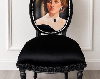 Princess Diana Portrait Chair | Handcrafted French Louis XVI | Black Velvet | Rhinestone Trim | One of a Kind Accent Chair | Custom Restored