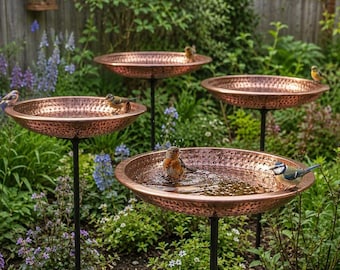 Hammered Copper Bird Bath with Metal Stand, Outdoor Bird Feeder Bowl, Weather Resistant Garden Decor, Patio Yard Lawn Birdbath,