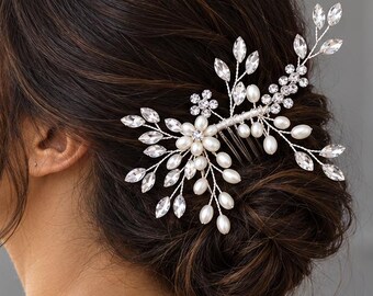 Pearl Flower Hair Comb, Wedding Updo Accessory, For Brides and Bridesmaids, Anniversary Gift, Faceted Leaf Sprays, Romantic Hairpiece