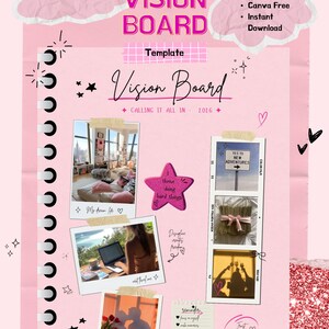 May include: A pink 2026 vision board template featuring a spiral-bound notebook design with various photo frames, a star-shaped graphic with the text 'I thrive doing hard things', and handwritten notes. The layout includes multiple images and text elements.