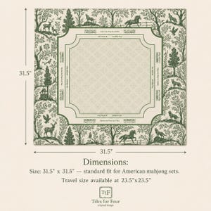 May include: A square mahjong mat measuring 80 cm by 80 cm, featuring a dark green forest-themed toile print with animals and trees. The centre includes game instructions and directional text for Charleston play in English.