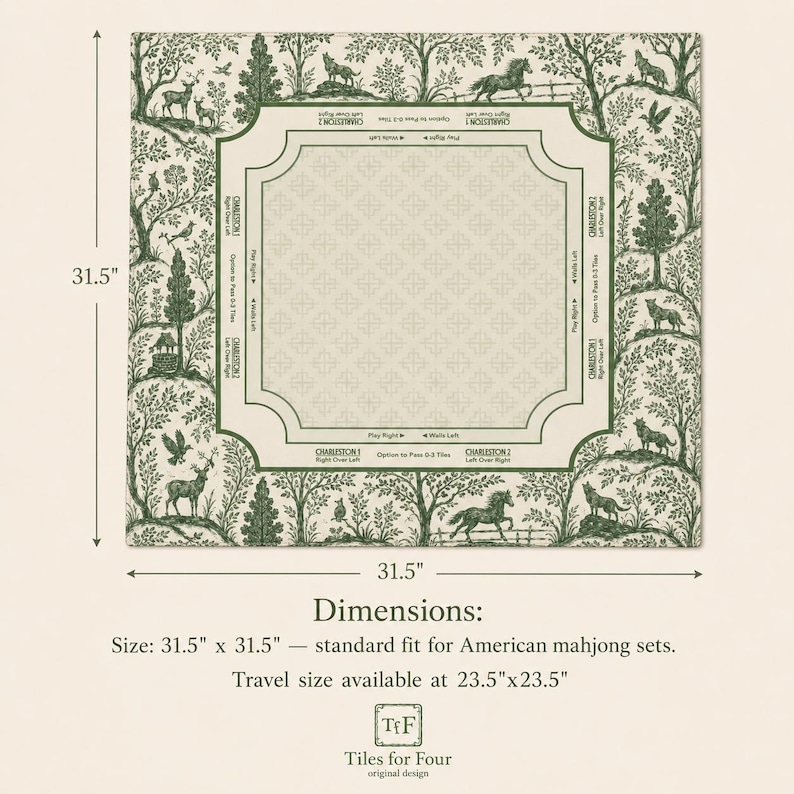 May include: A square mahjong mat measuring 80 cm by 80 cm, featuring a dark green forest-themed toile print with animals and trees. The centre includes game instructions and directional text for Charleston play in English.