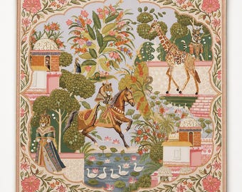THE ROYAL COURT Mughal Art Mahjong-mat — Chinoiserie Floral GameTable-mat, Amerikaans mahjongcadeau, mahjongaccessoires, roze gouden dierenmat