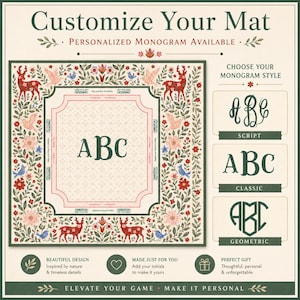May include: A customizable mat with a floral and deer design. The mat features the text "Customize Your Mat" and "Personalized Monogram Available." Choose from script, classic, or geometric monogram styles. The mat is made to be personalized.