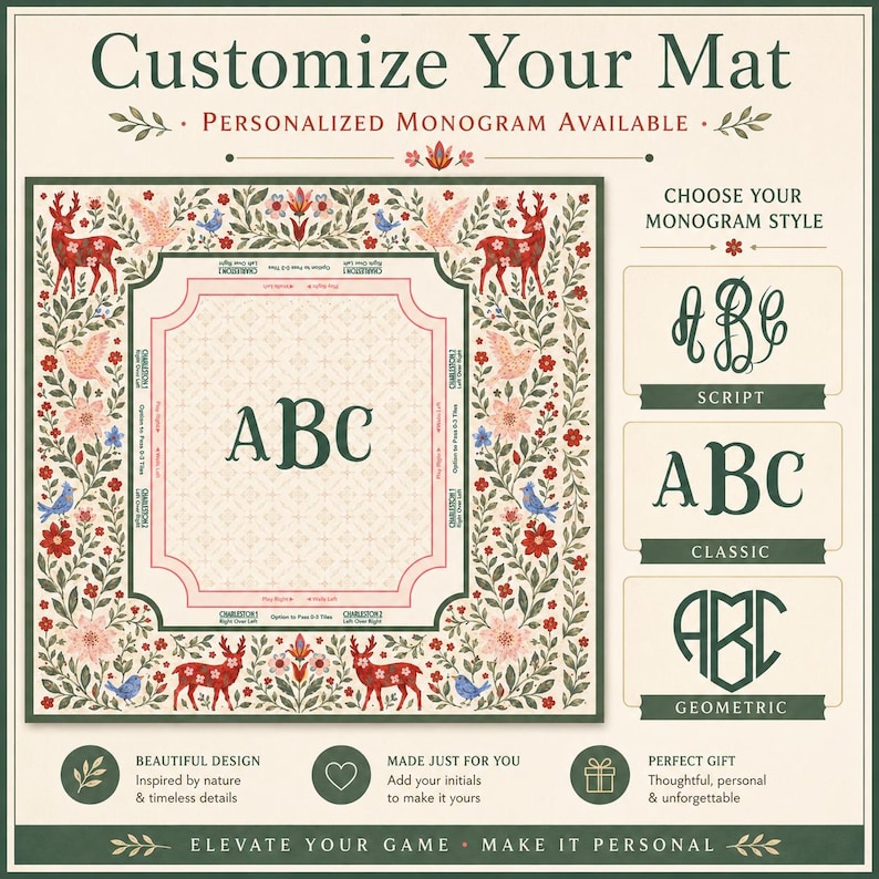 May include: A customizable mat with a floral and deer design. The mat features the text "Customize Your Mat" and "Personalized Monogram Available." Choose from script, classic, or geometric monogram styles. The mat is made to be personalized.