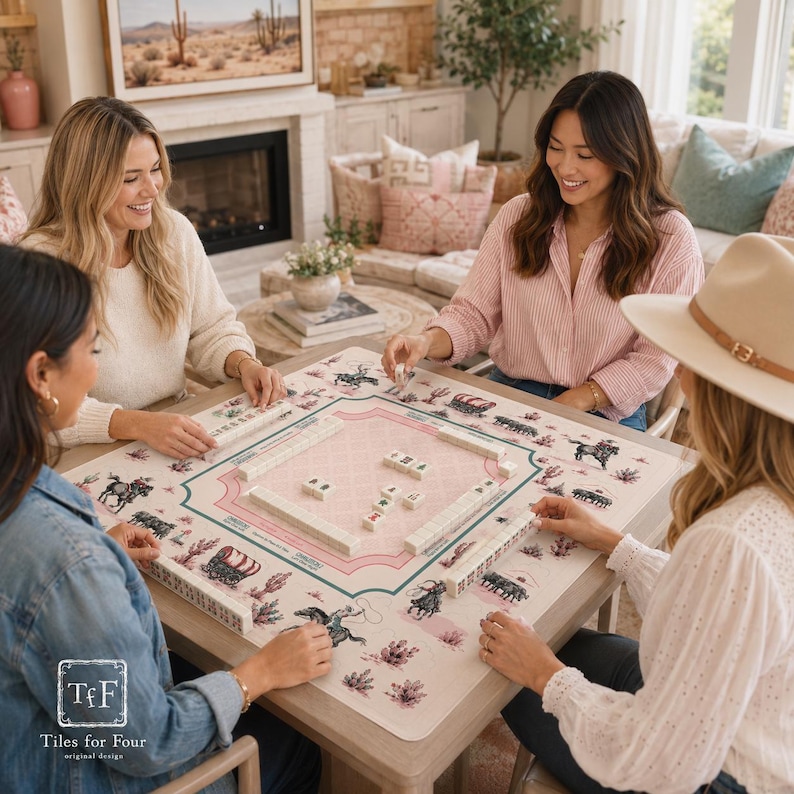 May include: A group of four people playing Mahjong. The game is set on a light-colored table with a decorative mat featuring a pink and cream color scheme with cowboy and floral illustrations. The game tiles are white.