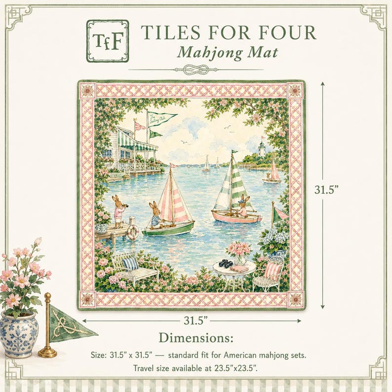 May include: A square mahjong mat titled Tiles for Four featuring a nautical scene with rabbits sailing boats on water. The mat has a pink lattice border and measures 31.5 inches by 31.5 inches. It includes illustrations of a dock, flowers, and furniture.