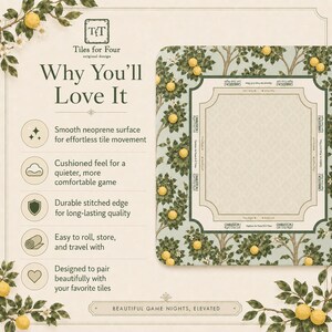 May include: A rectangular game mat with a light blue background featuring a lemon tree design. The mat has a central playing area and a decorative border. Text on the mat includes "Tiles for Four" and "Why You'll Love It."
