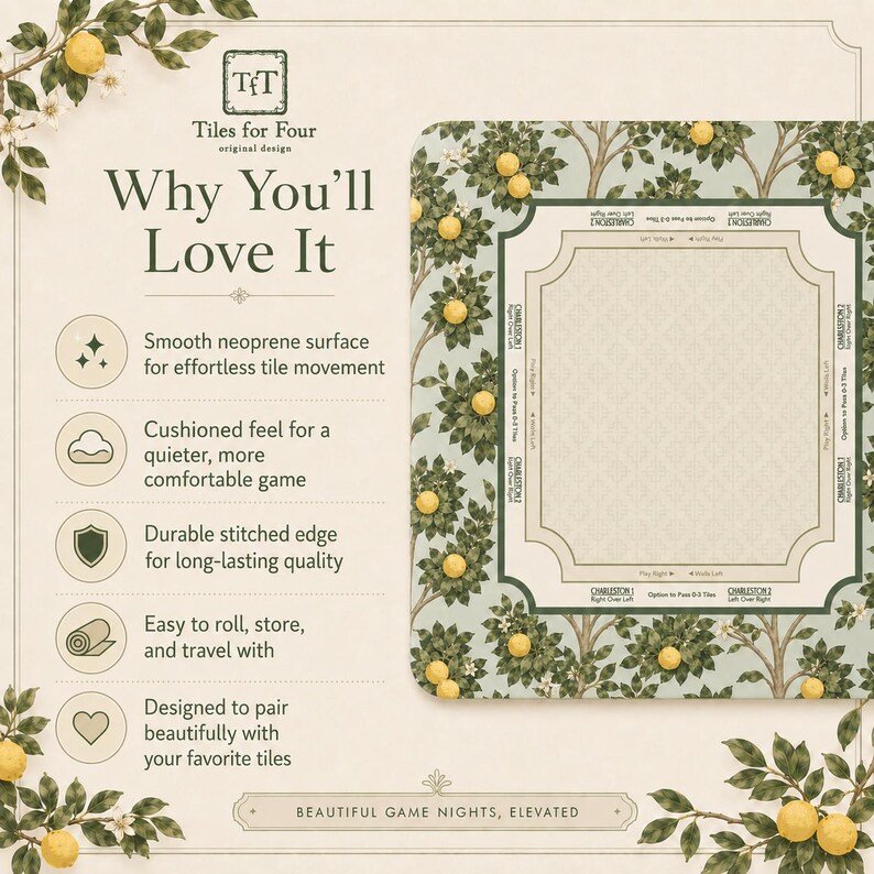 May include: A rectangular game mat with a light blue background featuring a lemon tree design. The mat has a central playing area and a decorative border. Text on the mat includes "Tiles for Four" and "Why You'll Love It."