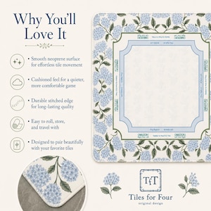 May include: A square neoprene mahjong mat featuring a blue hydrangea floral pattern with a white center and dark green leaves. The mat includes printed game instructions for Charleston moves, a stitched edge, and the text Tiles for Four original design.