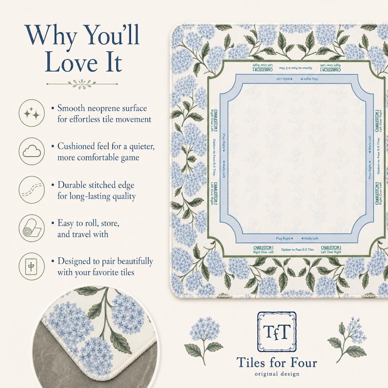 May include: A square neoprene mahjong mat featuring a blue hydrangea floral pattern with a white center and dark green leaves. The mat includes printed game instructions for Charleston moves, a stitched edge, and the text Tiles for Four original design.