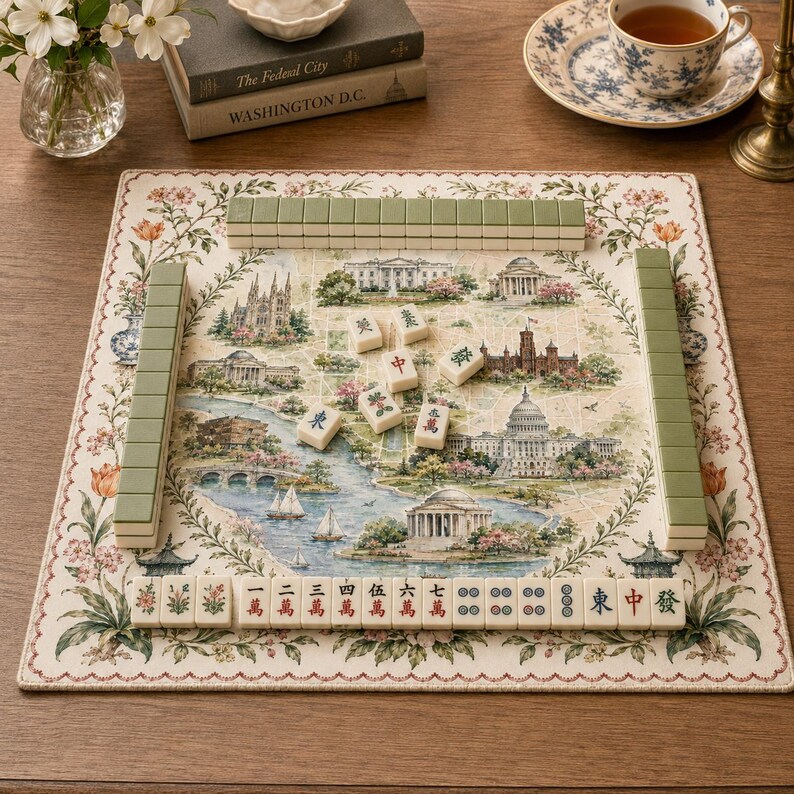 May include: A square mahjong mat featuring a detailed illustration of Washington D.C. landmarks, including the White House and Capitol building. The mat is bordered by floral patterns and includes sets of green and white mahjong tiles arranged.