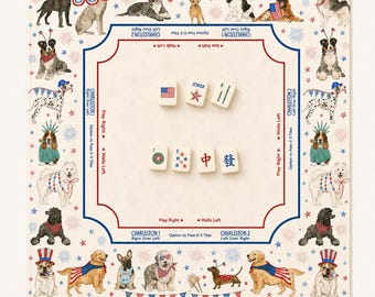 THE PATRIOT PUPS Mahjong-hondmat — 4 juli Game Night Tile-tafelmat, Amerikaans mahjongcadeau, mahjongaccessoires, hondenliefhebbermat