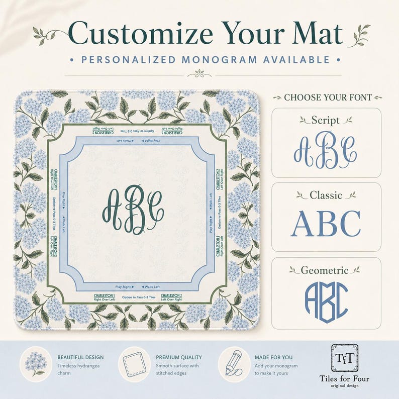 THE HYDRANGEA GARDEN Preppy Floral Mahjong Mat — Blue White Game Night Tile Table Mat, American Mahjong Gift, Mahjong Accessories image 5