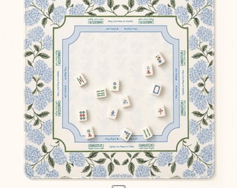 THE HYDRANGEA GARDEN Preppy Floral Mahjong Mat — Blue White Game Night Tile Table Mat, American Mahjong Gift, Mahjong Accessories