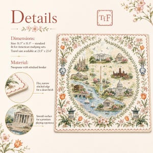 May include: A square neoprene mahjong mat measuring 31.5 inches by 31.5 inches. The mat features a central illustration of Washington D.C. landmarks surrounded by a floral border with tulips and vases. It has a flat, narrow stitched edge.